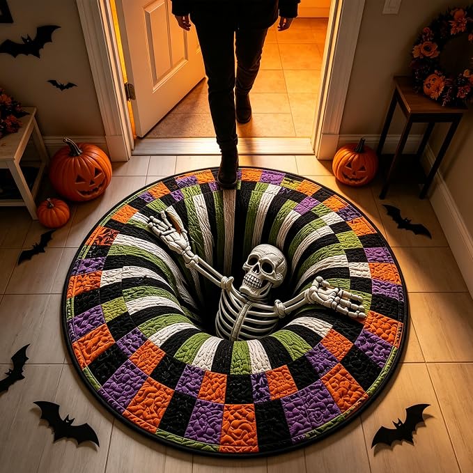 3D Halloween Optical Illusion Round Rug,Skeleton Vortex Abyss Quilted Floor Mat,Spooky Checkered Halloween Decor Carpet Non-Slip for Entryway Living Room Bedroom-47in