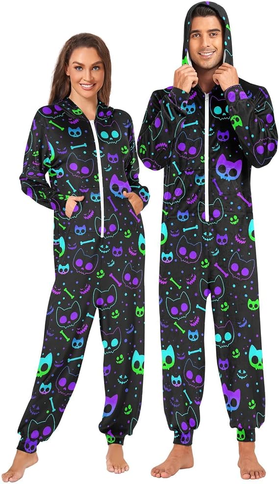 Adult Onesie Pajamas, Hooded One-Piece Sleepwear - skull pajamas