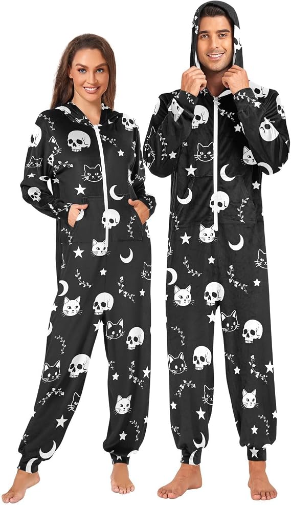 Adult Onesie Pajamas, Hooded One-Piece Sleepwear - skull pajamas