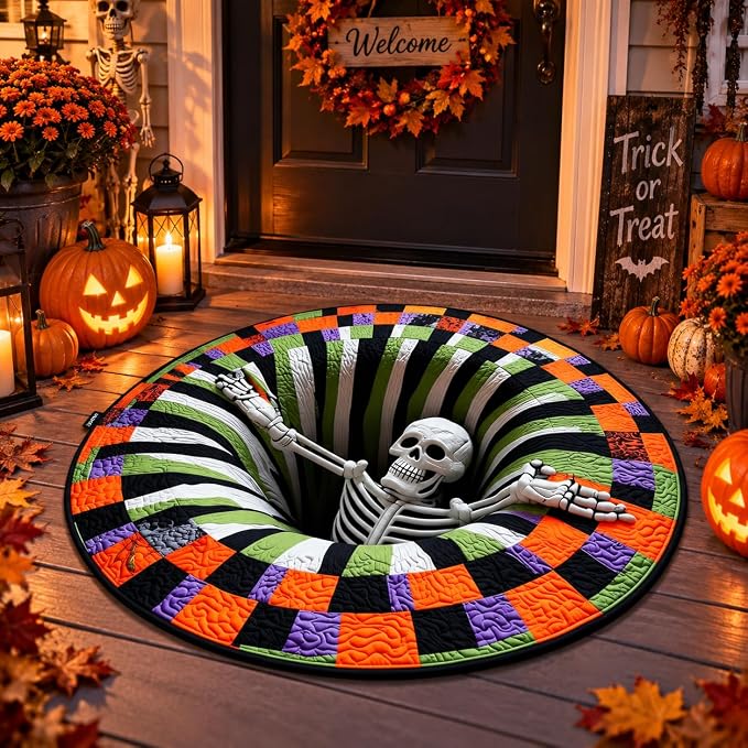 Halloween 3D Illusion Rug, Round Creepy Skeleton Vortex Floor Mat, Non-Slip Optical Illusion Area Rug for Living Room, Bedroom, Haunted House, Halloween Party Decor - skull carpet