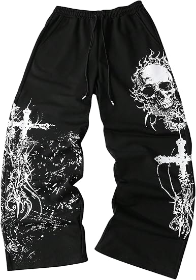VIPWOLF Men's Gothic Baggy Sweatpants Y2k Skull Graphic Wide Leg Track Pant - sugar skull boots