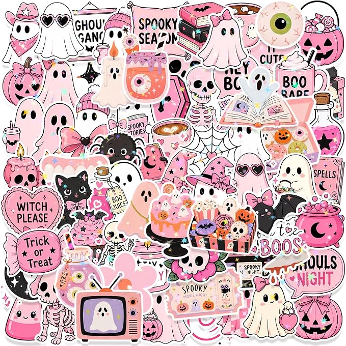 136PCS Spooky Halloween Stickers,Pink Ghost Cute Girlie Waterproof Vinyl Stickers for Water Bottle Laptop Scrapbook - skull sticker