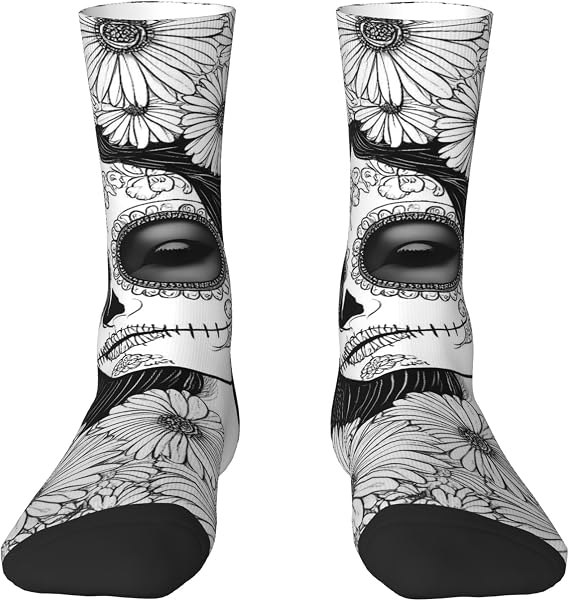 Novelty Crew Socks Casual Crew Mid Calf Dress Socks-Floral Sugar Skull Portrait - sugar skull costume