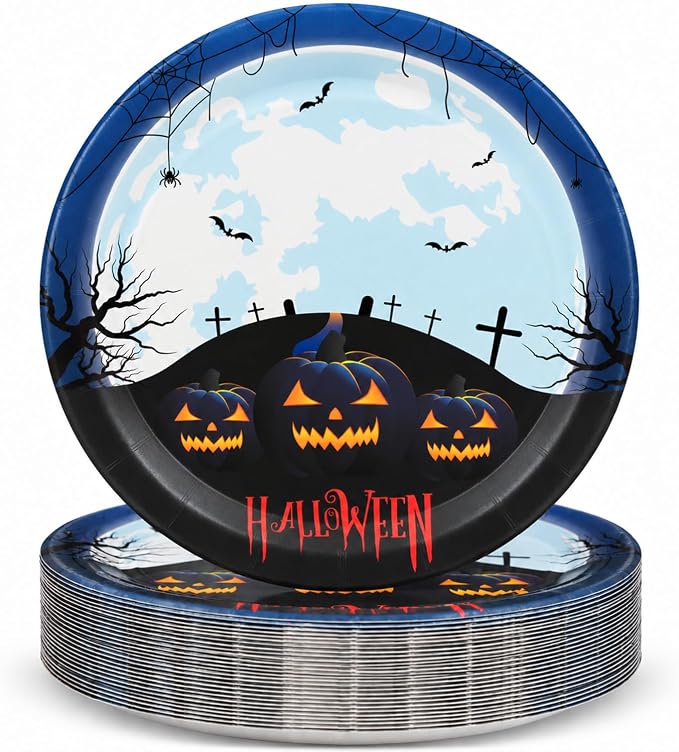 60 Pack, 9in Plates with Pumpkins, Bats & Graveyard for Halloween Parties - skull plate