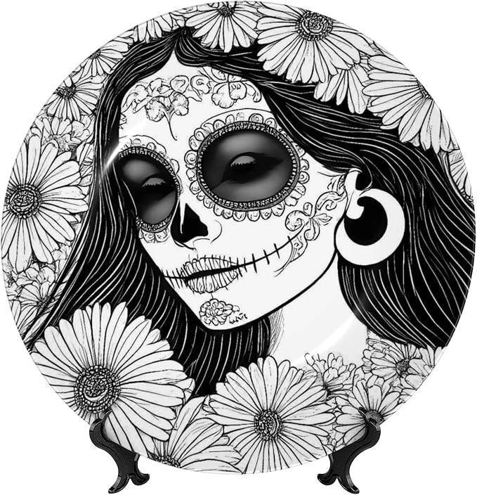Decorative Ceramic Plate Round Porcelain Plate,Floral Sugar Skull Portrait - skull candle