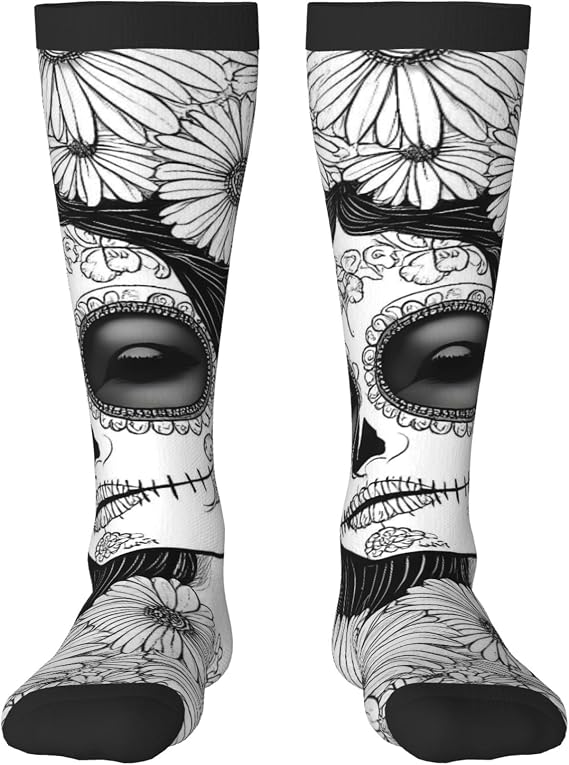 Funny Knee High Socks For Women Men Novelty Stocking,Floral Sugar Skull Portrait - sugar skull boots