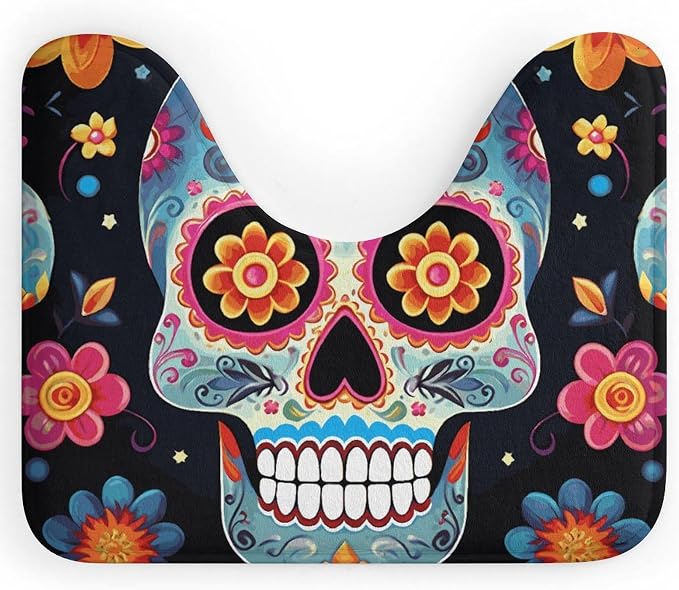 Sugar Skulls U Shaped Toilet Rug, Non-Slip Bath Mat - skull toilet mat