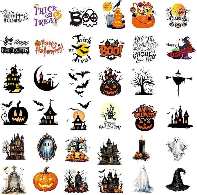 36 PCS Halloween Rub On Transfer Stickers for Crafts, Colorful Waterproof Decals with Pumpkins, Ghosts, Witches and Haunted Houses for Jars, Tumblers, Mugs & DIY Decorations - skull sticker