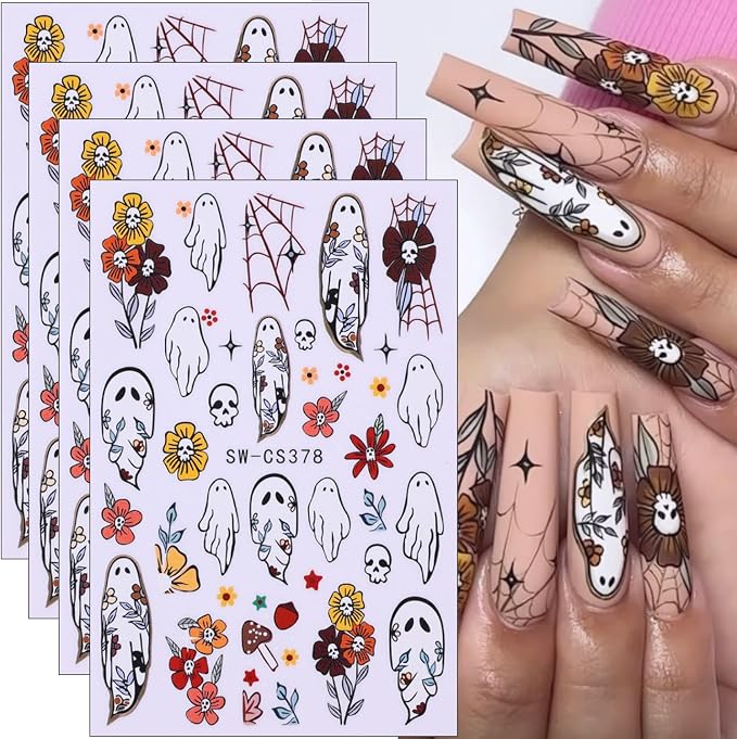 yefiuo Halloween 3D Nail Stickers Skull Flower Ghost Nail Art Stickers - skull sticker