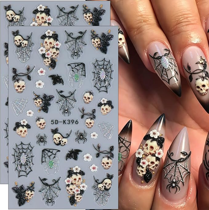 yefiuo Halloween Nail Stickers Skull Flower Spider Web Nail Art Stickers - skull sticker