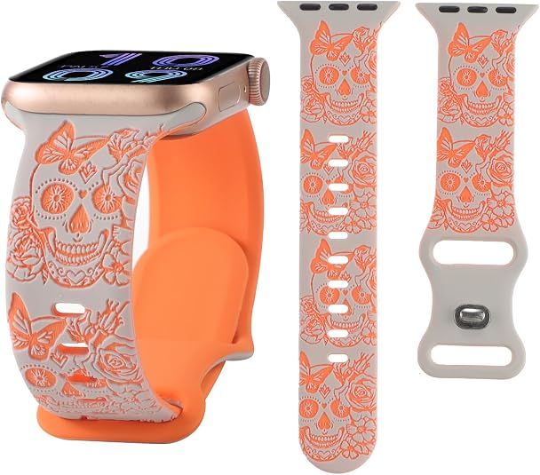 Skull Engraved Band Compatible with Apple Watch 38mm 40mm 41mm 42mm 44mm 45mm 46mm 49mm, Cute Two-Tone Skull Flower Soft Silicone Sport Strap for iWatch Series 11 10 9 8 7 6 5 4 3 2 1 SE - skull watch