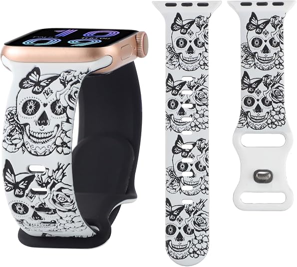 Skull Engraved Band Compatible with Apple Watch 38mm 40mm 41mm 42mm 44mm 45mm 46mm 49mm, Cute Two-Tone Skull Flower Soft Silicone Sport Strap for iWatch Series 11 10 9 8 7 6 5 4 3 2 1 SE - skull watch