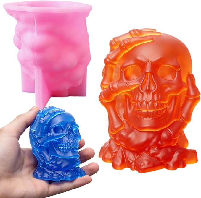 3D Skull with Skeleton Hands Silicone Candle Mold W1449 - skull candle