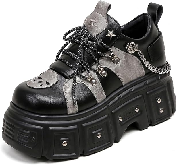 Women's Gothic Platform Sneakers Chunky Sole Lace-Up with Metal Chain Skull & Rivet Details Punk Rock Faux Leather Ankle Boots - sugar skull boots