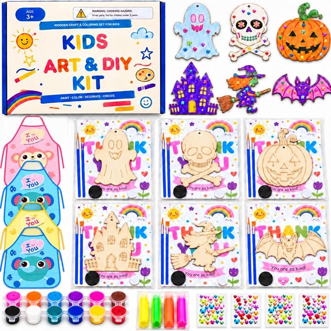 Halloween Painting Kit for Kids Ages 3+,12 Pack Unfinished Wooden Cutouts - skull painting