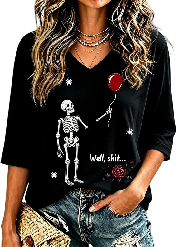Women's Gothic Skull T-Shirt Skeleton Lost Balloon Well Shit Halloween Tops - skull tshirt