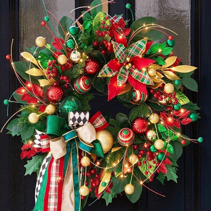 Lighted Christmas Wreaths for Front Door 24 Inch Christmas Door Wreath - skull wreath
