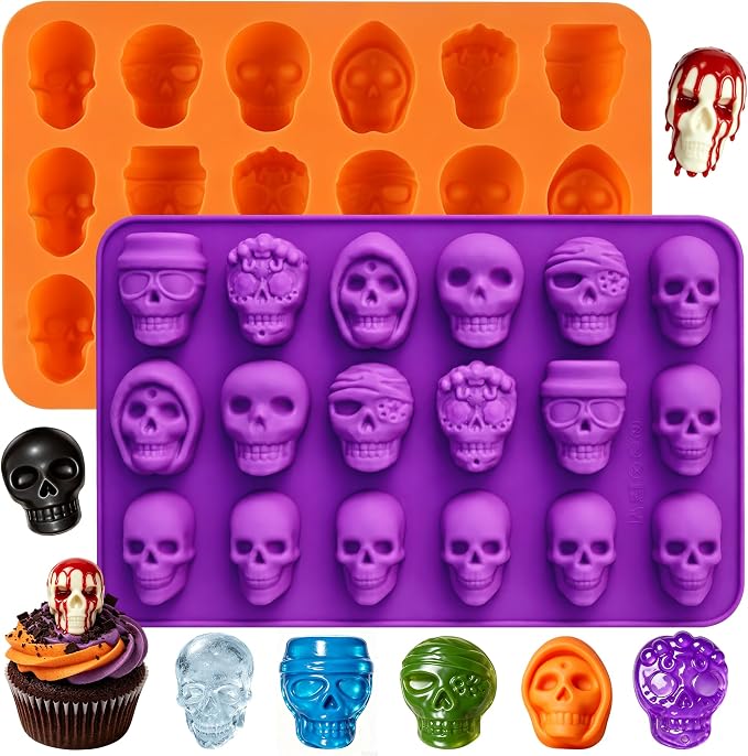 2Pcs 18-Cavity Skull Chocolate Molds for Halloween, 3D Skulls Silicone Baking Mold for Chocolate, Skull Cake Mold for Cake Decoration, Gummy, Ice Cube, Jello, Cupcake Decorate, Party Supplies - skull ashtray