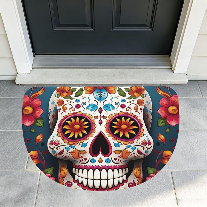 Dirt Trapper Door Mat Half Circle Front Doormat Low Profile Non Slip Rugs - skull toilet mat