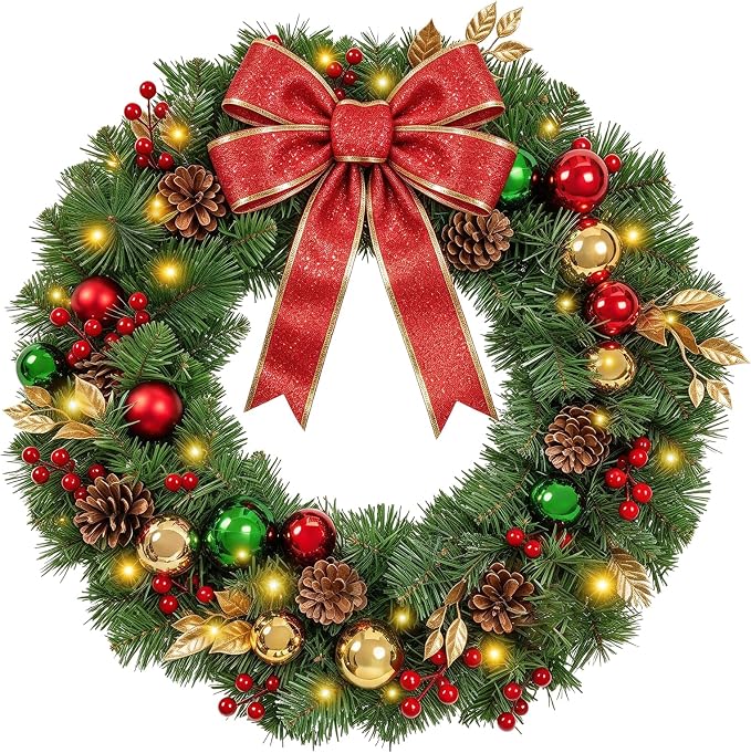 24" Pre-Lit Christmas Wreath with Red Bows for Front Door Decorations - skull wreath