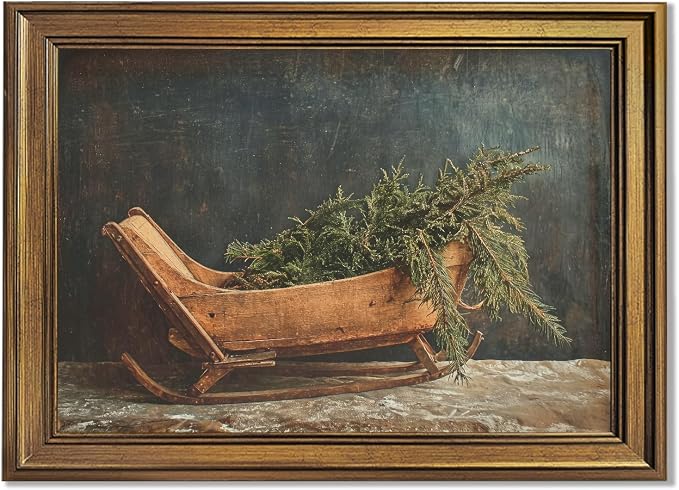KJMVSEW Vintage Gold Frame Christmas Sled Wall Art Wooden Sleigh with Evergreen Branches Canvas Print Poster Moody Neutral Rustic Farmhouse Christmas Pictures Wall Decor for Living Room 8x10inch - skull wall art