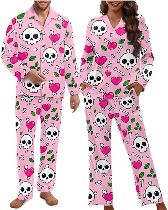 Couples Matching Pajamas Long Sleeve Holidays Sleepwear Soft Loungewear - skull pajamas