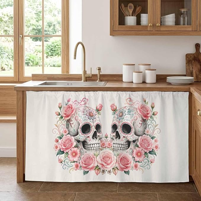 Double Sugar Skulls Cabinet Curtains for Kitchen, Pink Rose Blossoms Sink Skirt for Bathroom, Pedestal Sink Skirt, Under Sink Curtain, 28" W x 51" L - skull sticker