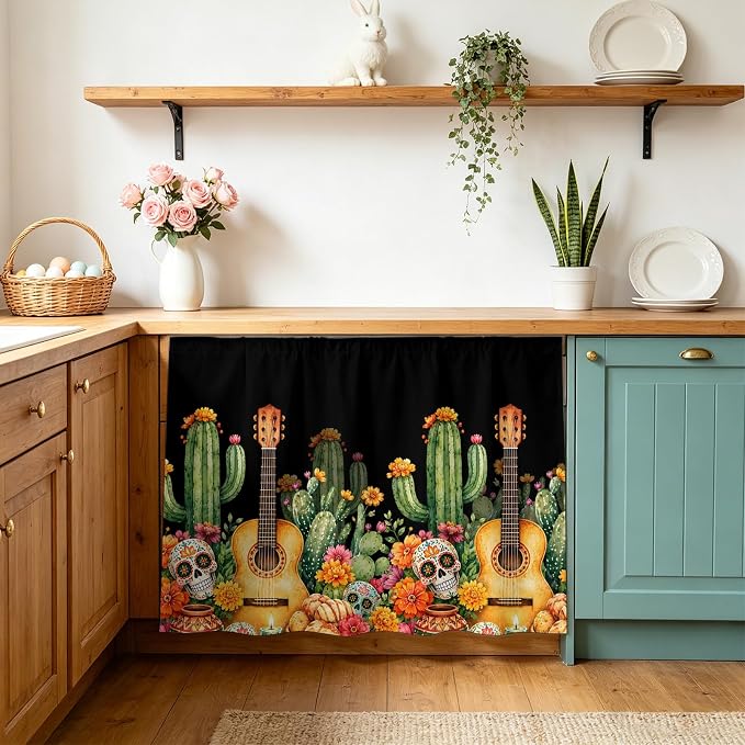 Halloween Cabinet Curtains for Kitchen, Rustic Vintage Cactus Guitar Skull Marigold Candle Shelf Curtain for Storage Cubes, Curtains for Cabinets with Magic Tape, 10" W x 11" L - skull sticker