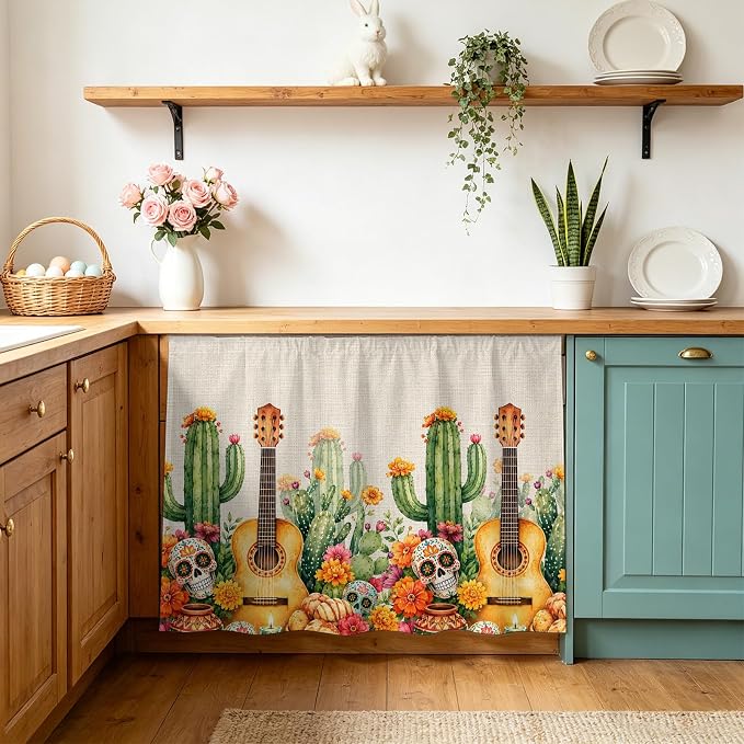 Dia De Los Muertos Cabinet Curtains for Kitchen, Orange Marigold Flower Skull Cactus Guitar Shelf Curtain for Storage Cubes, Curtains for Cabinets with Magic Tape, 10" W x 11" L - skull sticker