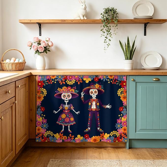 Dia De Los Muertos Cabinet Curtains for Kitchen, Flower Sunhat Mexican Dress Skull Orange Floral Shelf Curtain for Mini Storage Cabinets, Cabinet Curtain with Magic Tape, 11" W x 13" L - skull sticker