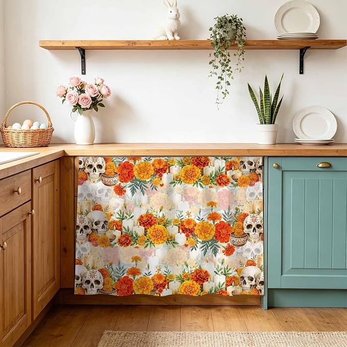 Dia De Los Muertos Cabinet Curtains for Kitchen, Orange Marigold Flower Skull Folk Rustic Shelf Curtain for Mini Storage Cabinets, Cabinet Curtain with Magic Tape, 11" W x 13" L - skull sticker