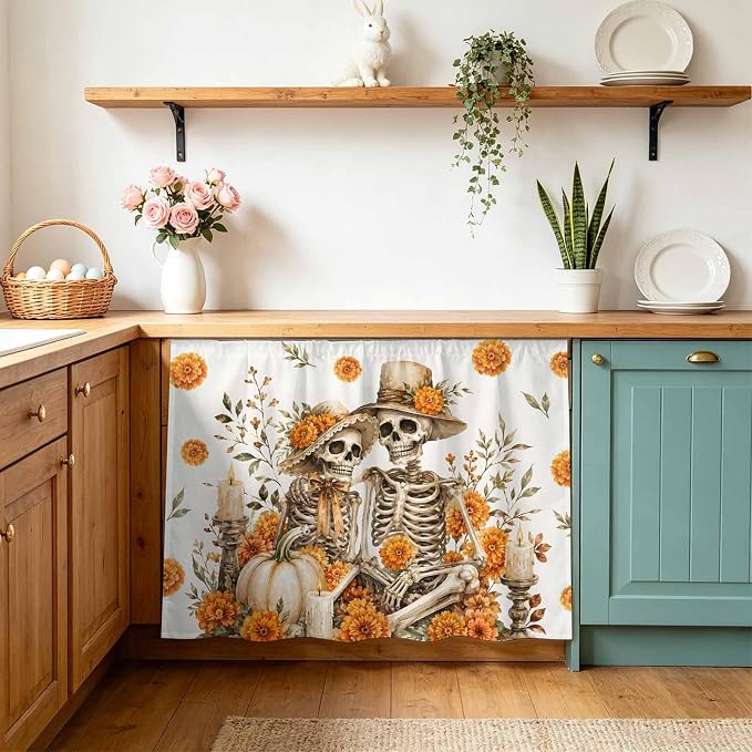 Halloween Cabinet Curtains for Kitchen, Vintage Skull Skeleton Couple Figures Orange Floral Shelf Curtain for Storage Cubes, Curtains for Cabinets with Magic Tape, 10" W x 11" L - skull sticker