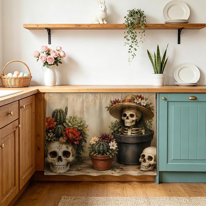 Día De Los Muertos Cabinet Curtains for Kitchen, Vintage Beige Skulls Cactus Red Flower Rustic Shelf Curtain for Storage Cubes, Curtains for Cabinets with Magic Tape, 10" W x 11" L - skull sticker