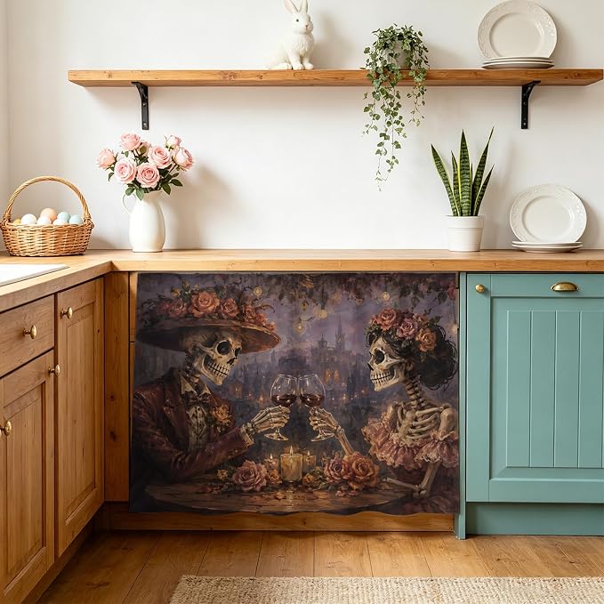 Skeleton Couple Cabinet Curtains for Kitchen, Halloween Evening Castle Skulls Dark Rose Garlands Shelf Curtain for Mini Storage Cabinets, Cabinet Curtain with Magic Tape, 11" W x 13" L - skull sticker