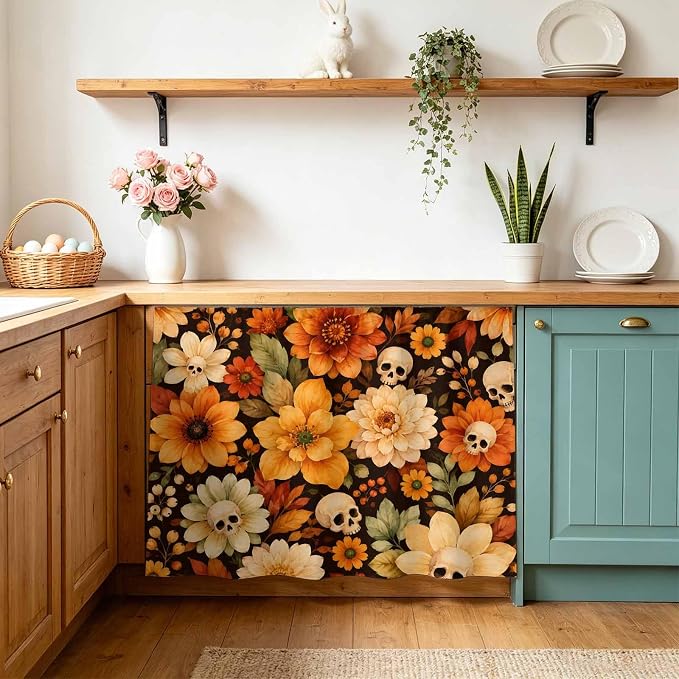 Día De Los Muertos Cabinet Curtains for Kitchen, Vintage Beige Skulls Orange Marigold Flowers Shelf Curtain for Mini Storage Cabinets, Cabinet Curtain with Magic Tape, 11" W x 13" L - skull sticker