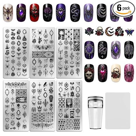 6 Sheets Nail Stamping Plate Vintage Gothic Nail Art Stamp - skull plate