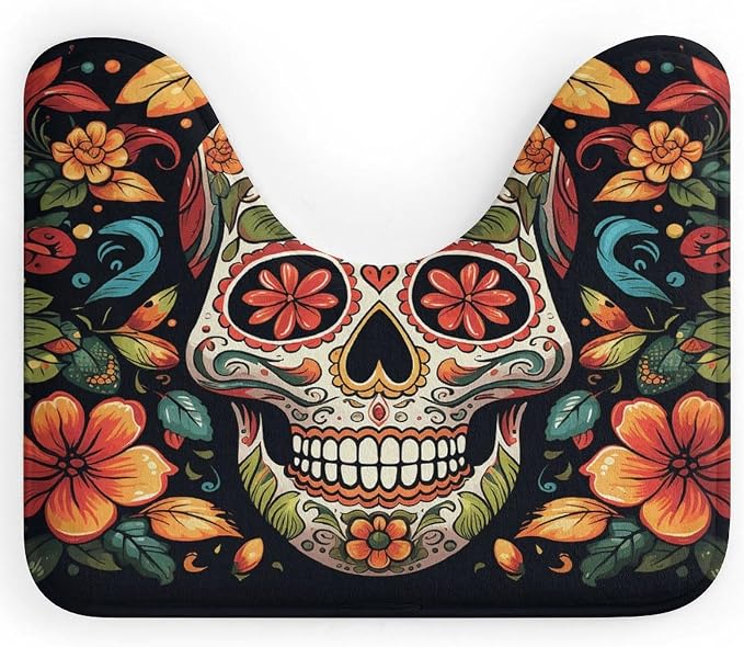 Colorful Sugar Skull U Shaped Bathroom Rug Floor Mat - skull floor mat