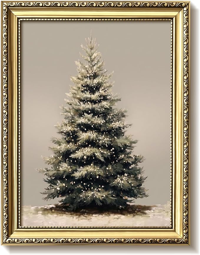 Christmas Tree Wall Art, Vintage Christmas Wall Decor, Gold Framed Snowy Evergreen Canvas Print, Winter Holiday Painting with Twinkling Lights for Living Room Bedroom Farmhouse 8x10in - skull wall art