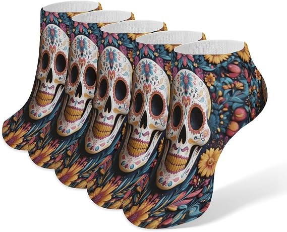 Sugar Skull 5 Pairs Ankle Sock Low Cut for Men & Women - sugar skull costume