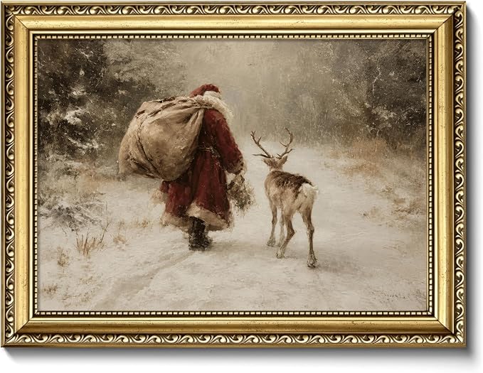 Gold Framed Santa Claus Wall Art, Vintage Christmas Wall Decor, Santa and Reindeer Snowy Forest Canvas Print, Holiday Picture Painting Poster for Living Room Bedroom Entryway Home – 12x16in - skull wall art