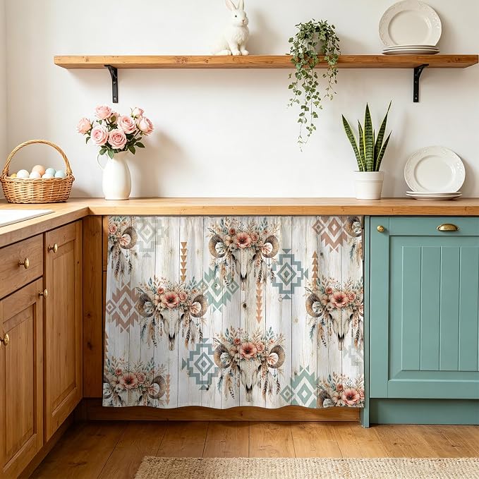 Flower Ram Skulls Cabinet Curtains for Kitchen, Southwestern Rustic Tribal Wood Grain Rustic Shelf Curtain for Storage Cubes, Curtains for Cabinets with Magic Tape, 10" W x 11" L - skull sticker