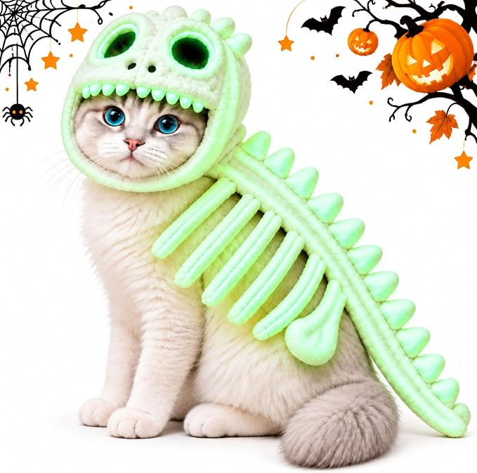 Cat Dinosaur Skeleton Costume Glow in Dark Dog Halloween Clothes - sugar skull costume