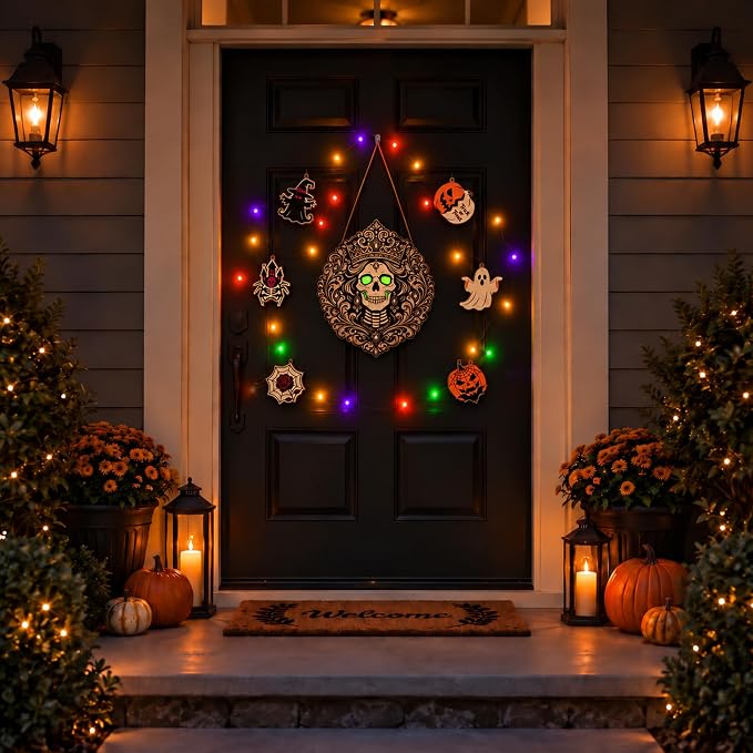 Halloween Skeleton Queen Door Decor with 6 Pendants LED Lights Glow in Dark - string light