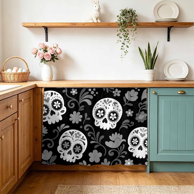 Dots Dia De Los Muertos Cabinet Curtains for Kitchen, Vintage White Goth Skulls Gray Flower Leaf Shelf Curtain for Mini Storage Cabinets, Cabinet Curtain with Magic Tape, 11" W x 13" L - skull sticker