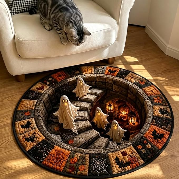 3D Haunted Staircase Round Rug – Halloween Optical Illusion Area Mat, 39in - skull carpet