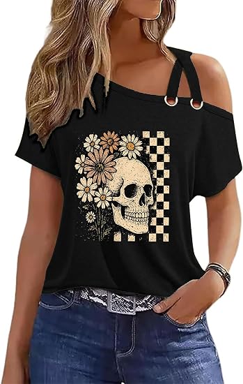 MQSVPUT Womens T Shirts Summer Cold Shoulder Tops Cute Boho Graphic Tee Criss Cross Casual Short Sleeve Shirts Tops - skull tshirt