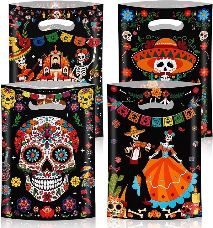 Konsait 50 Pack Day of the Dead Gift Bags with Handles - skull sticker