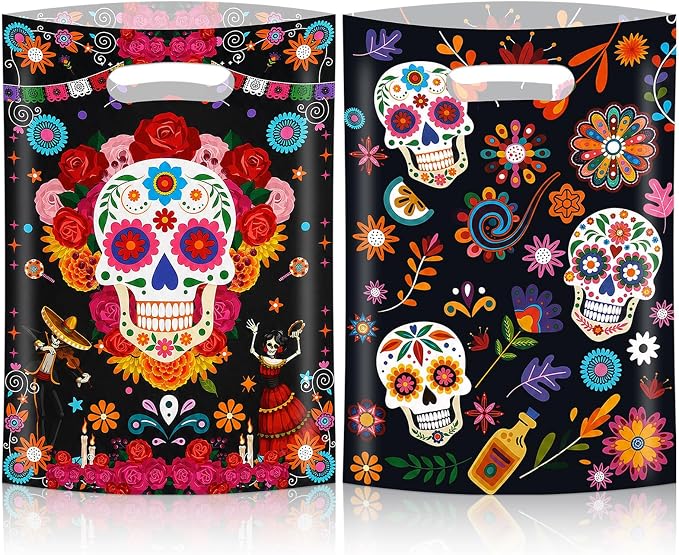 Konsait 50 Pack Day of the Dead Party Favor Bags with Handles - skull sticker