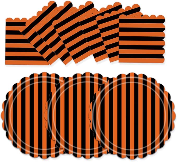 50 Pcs Halloween Black and Orange Striped Paper Plates and Napkins Set, 25 Pcs 9 Inch Scalloped Plates with 25 Pcs 5 Inch Cocktail Napkins, 10 x 10 Inch Unfolded, Spooky Party Supplies - skull plate