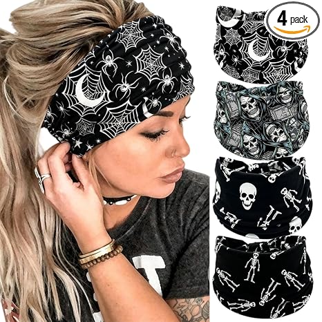 Halloween Skeleton Headbands for Women Wide Headband Skull Wraps 4 Pcs - skeleton